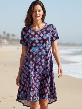 Lularoe XS 2/4 Dress CARLY Blue Pink Geometric Print High Low T-Shirt Swing
